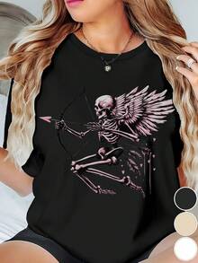 Talla Grande - Camiseta Gótica de Calavera y Cupido para Mujer - Atuendo Sexy para San Valentín y Fiestas de Halloween - Top Gótico Suave para Uso Diario - Apta para Tallas Grandes - Lavable a Máquina - Beige/Negro/Blanco/Gris - Camiseta de Impacto, Camiseta Gótica, Atuendo Festivo, Camiseta con Estampado Único, Tela Cómoda, Ropa Casual, Estética Oscura, Material Duradero, Camiseta de Impacto, Camisetas de Moda Alternativa para Mujer, Blusas Negras de Algodón para Damas - Negro - Ver 7