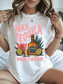 Elegante y casual mujer manga corta,Women T Shirt Cinco De Mayo Mas Tequila Por Favor Bottle And Flower Print Black Casual Party Wear Summer - Blanco - Ver 8