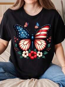Camiseta Vintage Unisex Estilo Igual con Estampado de Bandera Americana, Mariposas y Flores, Cuello Redondo, para Uso Diario Casual, Fiestas y Regalo, Opción Ideal, Lavable, Camiseta Gráfica - Negro - Ver 6