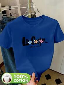 Women's 100% Cotton T-Shirt, Round Neck, Casual Summer Style, Letter And Animal Print, Breathable, For Spring/Summer/Autumn, Machine Washable, Suitable For Casual Sportswear, Short Sleeve T-Shirt For Women, Round Neck Top For Women, Women's Night Out T-Shirts - 白色 - 查看 9
