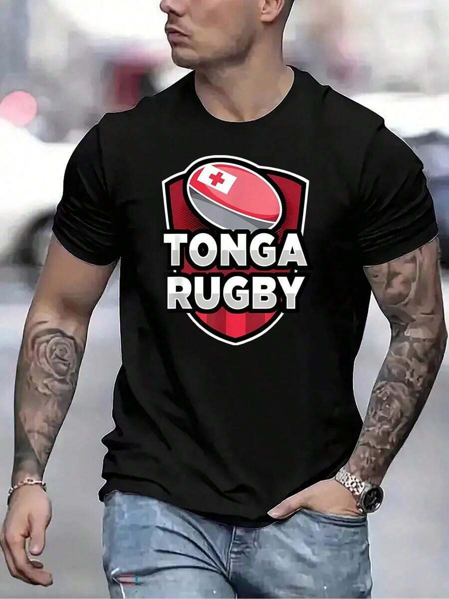 GiftMen's "Tonga Rugby" Graphic T-Shirt - Red Crew Neck, Short Sleeve, Casual Summer T-Shirt With Rugby Design, Lightweight And Comfortable, Casual Summer Wear | Graphic Print Sports T-Shirt | Comfortable Fit, Rugby Accessories, Plus Size Loose Fit T-Shirt, Soft - 黑色 - 查看 1