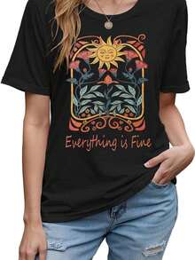 Camiseta de manga corta para mujer, diseño bohemio con estampados de girasoles y flores silvestres, estilo casual. - Negro - Ver 8