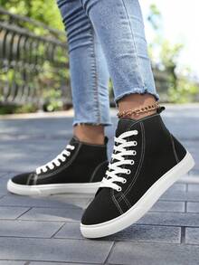 Women's High-Top Sneakers, Classic High-Top Canvas Shoes, Lace-Up Women's Fashion Sneakers - Black and White - View 5