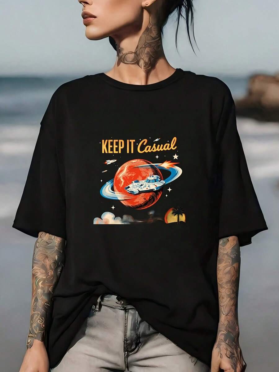 "Keep It Casual Space Adventure" 180g Summer T-Shirt - Perfect For Family Holidays, Corporate Events And Holiday Gifts, Lightweight And Comfortable Unisex T-Shirts, Clothing For Men And Women - 黑色 - 查看 1