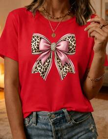 Camiseta Casual de Manga Corta para Mujer con Lindo Estampado de Leopardo y Lazo Rosa, Cuello Redondo - Rojo - Ver 6