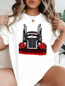 The Print Features A Powerful Kenworth Truck With Red Flames, Representing Strength And Freedom On The Road. This Women's T-Shirt Is Made From 100% Cotton, With A Soft And Comfortable Fabric, Ideal For Everyday Wear. - 白色的 - 查看 7