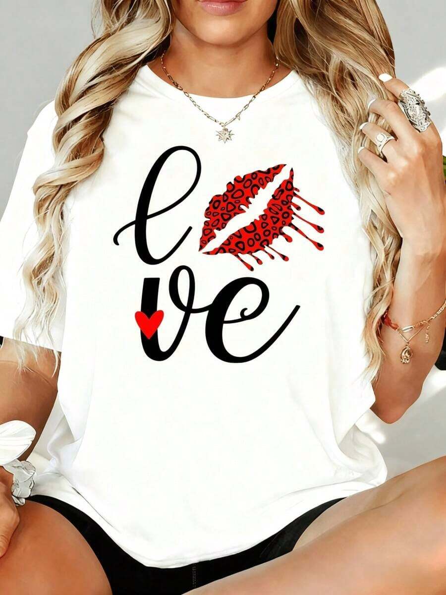 Camiseta con Estampado de Labios de Leopardo para Mujer, Corte Holgado Casual, Blanca, Regalo para el Día de San Valentín, Camiseta de Moda, 180g, para Ocio en Casa, al Aire Libre, Regalo para Fiesta de San Valentín - Blanco - Ver 1