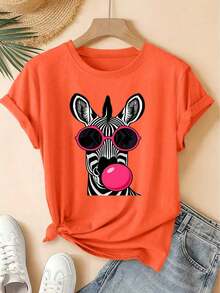 Camiseta Casual de Manga Corta con Estampado de Cebra para Mujer, Ideal para Vacaciones de VeranoImprimirManga cortaVintageCuello RedondoCamisetaConGafas de solYChicleSoplando,FrescoBosqueEstiloSueltoSuperior,2026Primavera/VeranoEleganteFiestaModaVersátilCommutadorMujeresRopa-VintageCalleEstiloUnisexoSueltoAlgodónCortoMangaTripulaciónCuelloCamiseta - Negro - Ver 9