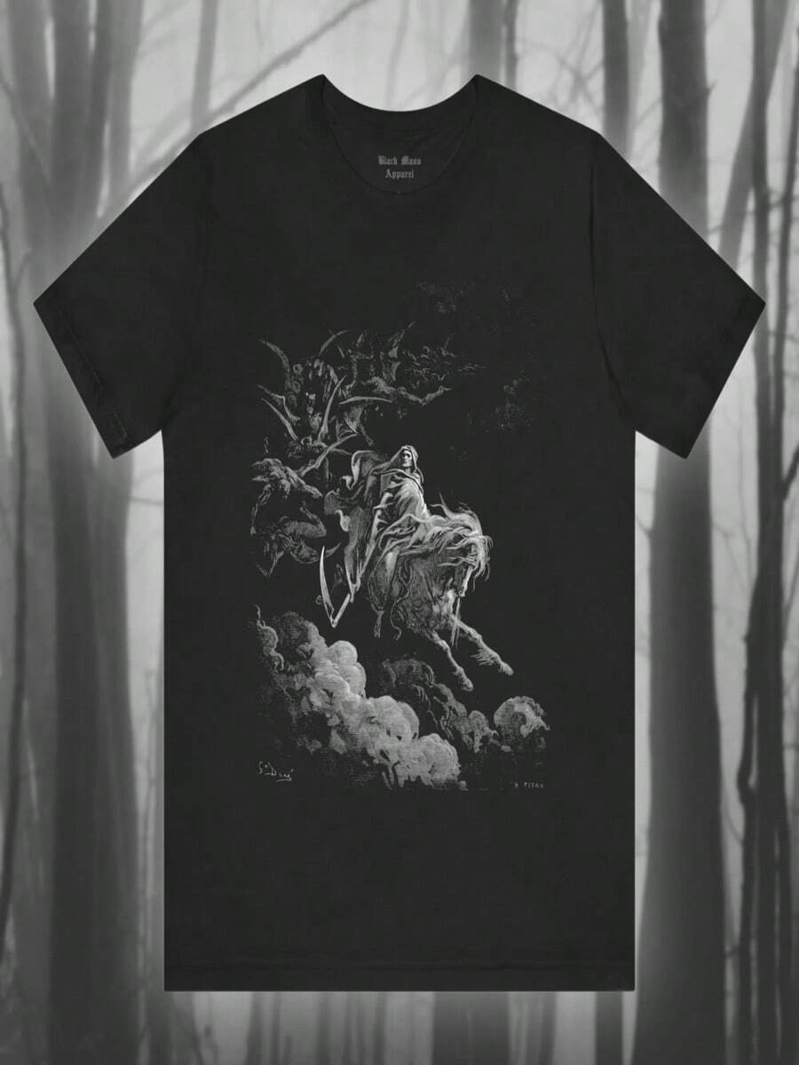 La camiseta "La ilusión de la muerte" de Gustave Doré, producida por Pale Horse Art, es una camiseta de manga corta de estilo gótico con la temática de la Parca, adecuada para mujeres que buscan comodidad. - Negro - Ver 1