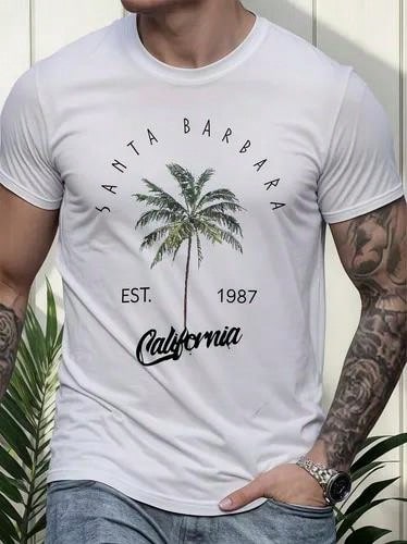 Men's Graphic Summer Tee – Regular Fit, Vibrant Letter &Amp; Tree Prints For Everyday Wear - 白色 - 查看 1