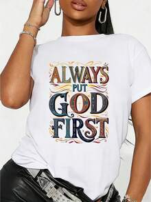 Camiseta de manga corta de estilo religioso con estampado vintage de GOD FIRST, temática de fe, de puro algodón, transpirable, adecuada para el uso diario de devotos, camiseta de verano para mujer, sencilla, elegante, deportiva y casual. - Blanco - Ver 8