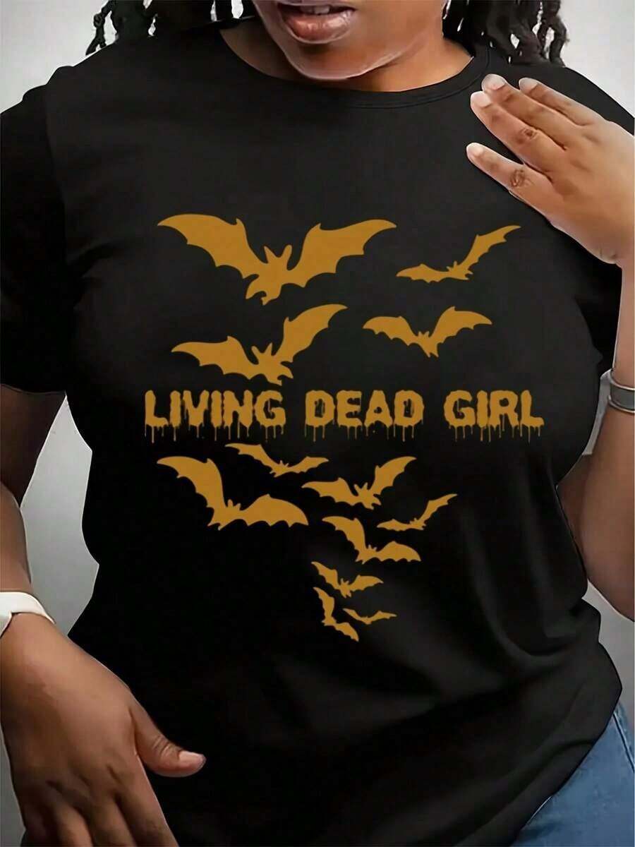Camiseta Gráfica Gótica de Halloween Living Dead Girl - Camiseta Negra con Diseño de Murciélago Blanco, Cuello Redondo Casual, Ajuste Suave y Cómodo para Hombres y Mujeres - Negro - Ver 1
