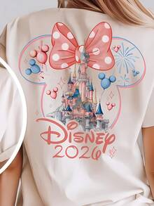 Custom Disney 2026 Castle Minnie Bow Tops De Mujer, Personalized Watercolor Disneyland Vacation Graphic Tee, Magical Customizable Family Trip Casual Shirt - trắng - Xem 2