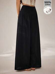 Pantalones anchos de cintura alta con textura, de moda casual y sencilla, para la temporada de vuelta al colegio, para ir y venir - Negro 3 - Ver 5