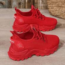 Breathable Knit Running Shoes, Lightweight And Non-Slip. Platform Design, Lace-Up Style, Perfect For Running, Walking And Summer Outdoor Activities. - Red - View 4