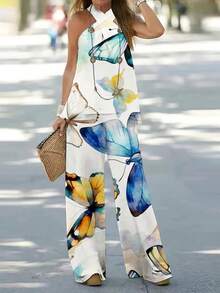 Estampado por todas partes Conjunto De Dos Piezas De Cuello Halter De Color Sólido Sin Espalda pierna ancha y bolso inclinado (Sin accesorios, sin bolsos) - Blanco - Ver 3