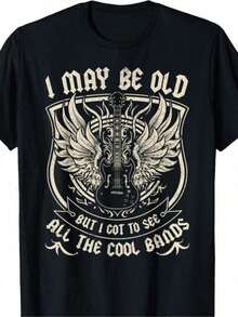 Men S Retro Rock Pattern Cotton T-Shirt - I May Be Old Guitar And Wings Design, Casual Crew Neck, Short Sleeve, Large Size, Black, Perfect For Valentine S Day, St. Patrick S Day, And Outdoor Activitie - màu đen - Xem 1
