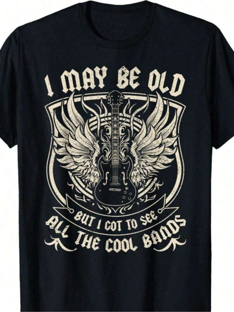 Men S Retro Rock Pattern Cotton T-Shirt - I May Be Old Guitar And Wings Design, Casual Crew Neck, Short Sleeve, Large Size, Black, Perfect For Valentine S Day, St. Patrick S Day, And Outdoor Activitie - màu đen - Xem 1