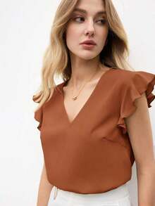 Blusa holgada de manga abullonada y cuello en V para mujer, estilo urbano básico, elegante y minimalista para uso casual en la oficina, adecuada para maestras y atuendo de negocios, otoño - Marrón - Ver 7