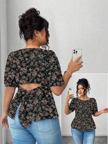 Blusa casual de manga corta con lazo y espalda abierta, unicolor, para mujer talla grande, verano - Multicolor 5 - Ver 1