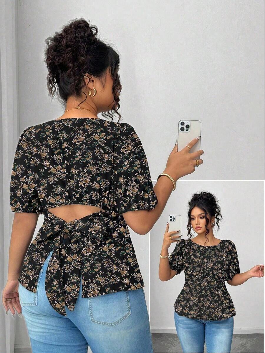 Blusa casual de manga corta con lazo y espalda abierta, unicolor, para mujer talla grande, verano - Multicolor 5 - Ver 1