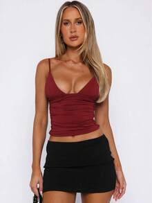 Dulzura-Camisola ceñida fruncida sin mangas para mujer, Top Sexy liso para fiesta y Club, ropa de calle para otoño e invierno Y2K - vino tinto - Ver 6