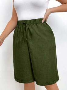 Pantalones cortos holgados de lino de talla grande para mujer, de unicolor, con bolsillo y lazo en la cintura, pantalones cortos anchos y de pierna ancha, pantalones cortos modestos para vacaciones y verano, color negro - Verde militar - Ver 3