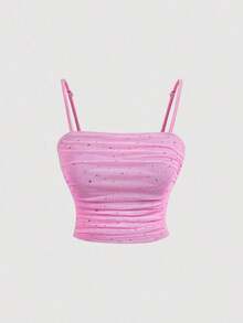 Top elegante azul ajustado con recogido delantero, top de otoño, sexy, para fiesta, cita, club, top con lentejuelas, top tipo camiseta de cumpleaños - Rosa - Ver 1