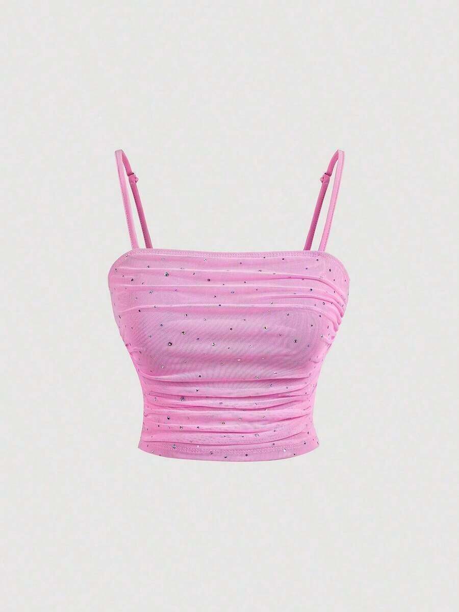 Top elegante azul ajustado con recogido delantero, top de otoño, sexy, para fiesta, cita, club, top con lentejuelas, top tipo camiseta de cumpleaños - Rosa - Ver 1