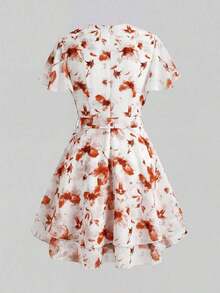Vestido casual de mujer con cuello en V, mangas con volantes y estampado floral - Rojo y blanco - Ver 7
