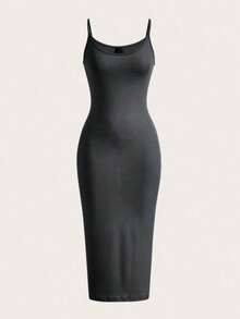 BASICS Vestido casual de cena y citas de unicolor con tirantes de espagueti y silueta ajustada - Gris Oscuro - Ver 1