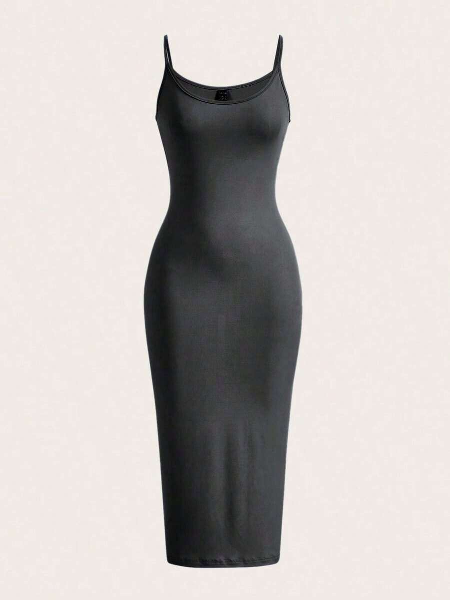 BASICS Vestido casual de cena y citas de unicolor con tirantes de espagueti y silueta ajustada - Gris Oscuro - Ver 1