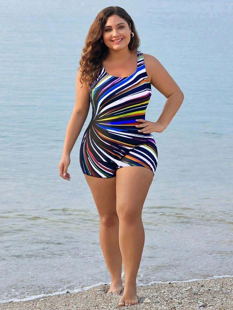 Traje de baño de una pieza con estampado sin mangas para mujer de talla grande, traje de baño casual para vacaciones - Multicolor - Ver 1