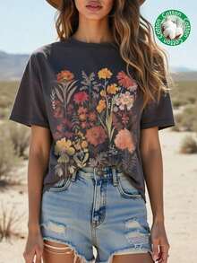Unique T-Shirt With Vintage Wildflower Print, Bohemian And Natural Style, Ideal For Relaxed And Stylish Looks. - Black - View 5