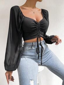 Blusa de manga farol con cuello de corazón y pliegues, corta - Negro 3 - Ver 3