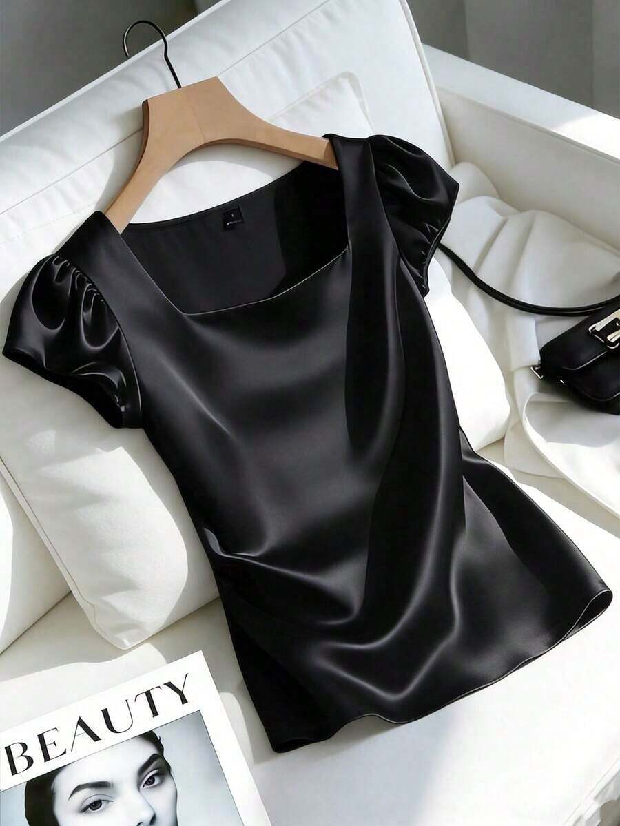 Blusa casual elegante de satén con cuello cuadrado francés, mangas de pétalos y pliegues, adecuada para ir al trabajo, uso diario, reuniones y fiestas, primavera/verano - Negro - Ver 1