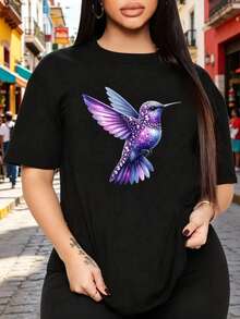Limited Time Offer, Limited Quantities, Flash ! Women's Casual Shirts, Women's Polyester T-Shirts, Elegant Shirts. Graphic Tee For Women, Short Sleeve, Round Neck, Basic, Comfortable, Cool, Lightweight, Modern, Youthful, Casual, Hummingbird Print, Cute, Tender, Spring/Summer - 黑色 - 查看 2