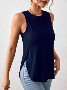 1 pieza Camiseta casual de mujer de cuello redondo y bajo con abertura lateral de un solo color - Azul marino - Ver 3