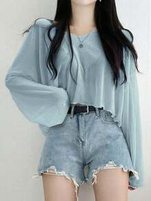 Camiseta corta de mujer de unicolor con cuello en V holgado, blusas de mujer de manga larga para primavera/verano, ropa de mujer para otoño - Azul - Ver 1