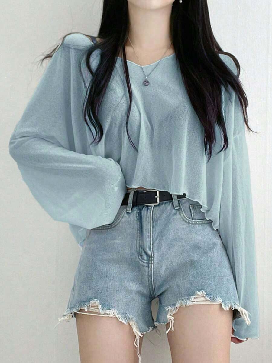 Camiseta corta de mujer de unicolor con cuello en V holgado, blusas de mujer de manga larga para primavera/verano, ropa de mujer para otoño - Azul - Ver 1