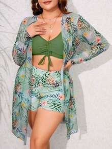 Conjunto de traje de baño estampado tropical de talla grande top de tirantes con cordón y kimono de verano para mujer moda 3 piezas - Verde - Ver 1