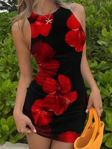 Vestido de verano para mujer de corte ajustado hasta la pantorrilla, sin mangas, con estampado floral rosado en todo el diseño, de estilo casual y minimalista - Multicolor 2 - Ver 3