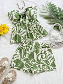 Set de 2 piezas para mujer con parte superior corta sin mangas con volantes y estampado de rayas y flores, y shorts casuales para verano, vacaciones en la playa y fiestas - Verde 2 - Ver 7