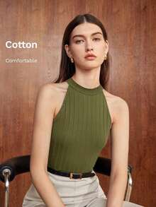 Camiseta de tirantes ajustada de cuello redondo básica para mujer, adecuada para el transporte urbano, la oficina, el estilo casual de negocios, las fiestas y otras ocasiones - Verde militar - Ver 8