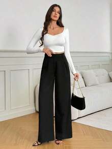 Tall Pantalones anchos de cintura alta de unicolor y versátiles, pantalones de cintura alta de estilo casual de otoño e invierno, pantalones negros de mujer, pantalones negros de vestir de pierna ancha, pantalones negros casuales, pantalones de esti - Negro - Ver 5