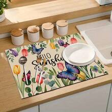 1 pieza Felpudo absorbente para secar platos con diseño de mariposa y flores en acuarela, apto para mesa de comedor, cafetería, alfombrilla de drenaje multiusos, regalo para el hogar, decoración de escritorio - XYLSD-389 - Ver 9