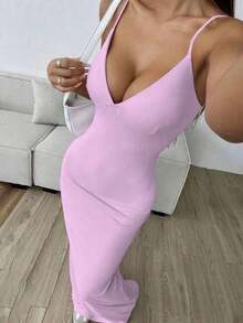 Vestido de encaje ajustado, elegante y romántico para cita nocturna, Día de San Valentín, con tirantes finos y largo, color rosa, para fiesta de verano - Púrpura malva - Ver 4