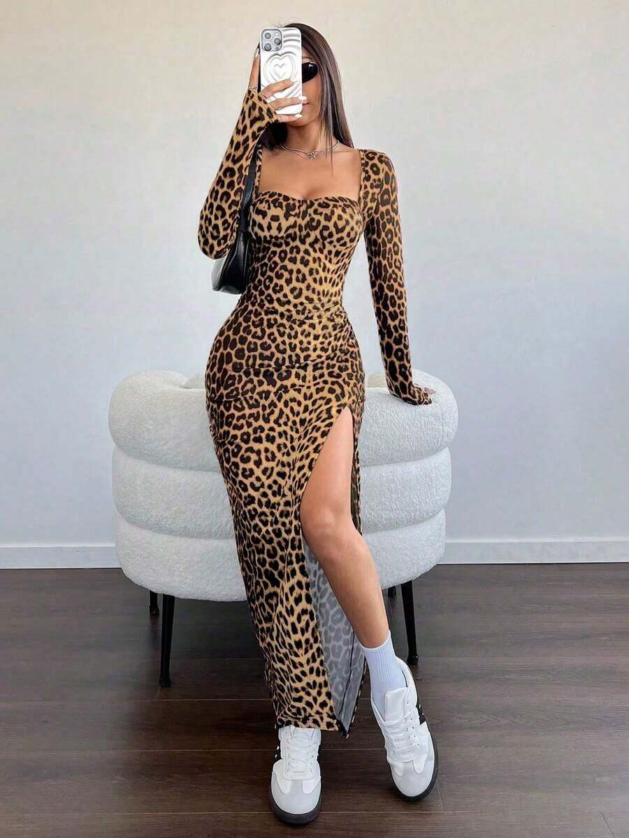 Vestido largo con cuello cuadrado, manga larga y bajo con abertura, estampado de leopardo, para uso casual diario en otoño/invierno - Multicolor - Ver 1