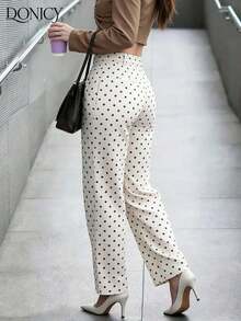 Pantalones rectos plisados de cintura alta, de unicolor, para mujer, suaves y cómodos, versátiles, elegantes y casuales urbanos, adecuados para uso diario casual, citas, fiestas, San Valentín, carnaval y oficina - Albaricoque 2 - Ver 2