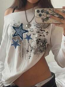 Camiseta de manga larga con volantes asimétricos en el hombro y estampado de estrella retro y graffiti en estilo casual y callejero para mujer, suéter sexy de hombros descubiertos adecuado para otoño/invierno, vuelta al colegio, estilo retro, - Multicolor 3 - Ver 10